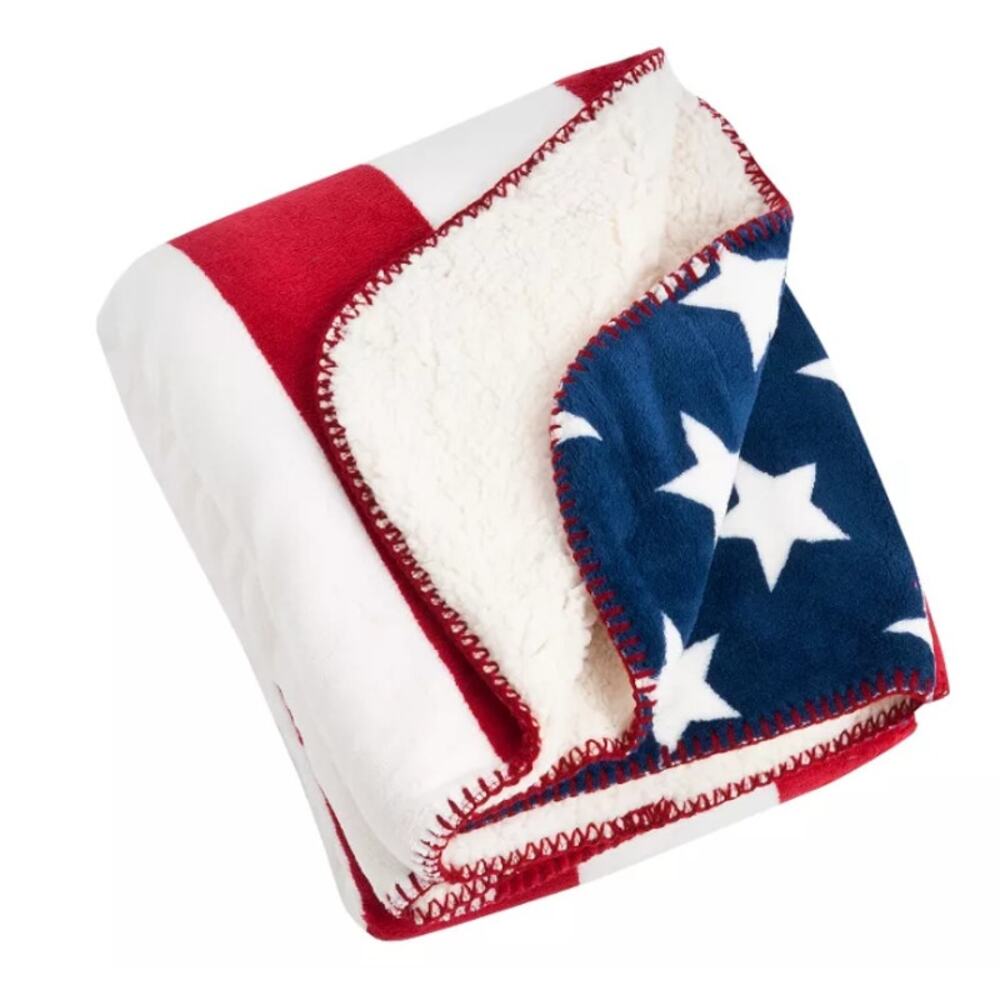 50"x60" U.S.A Flag Design Faux Shearling Throw Blanket Red - Saro Lifestyle